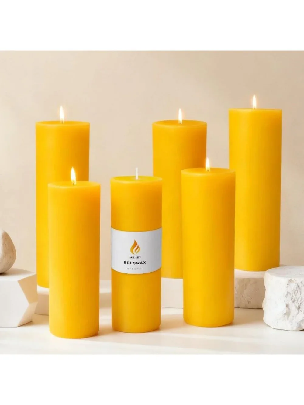 6-Pack Pure Beeswax Pillar Candles - 56 Hour Burn, Wedding Decor & Emergency Use